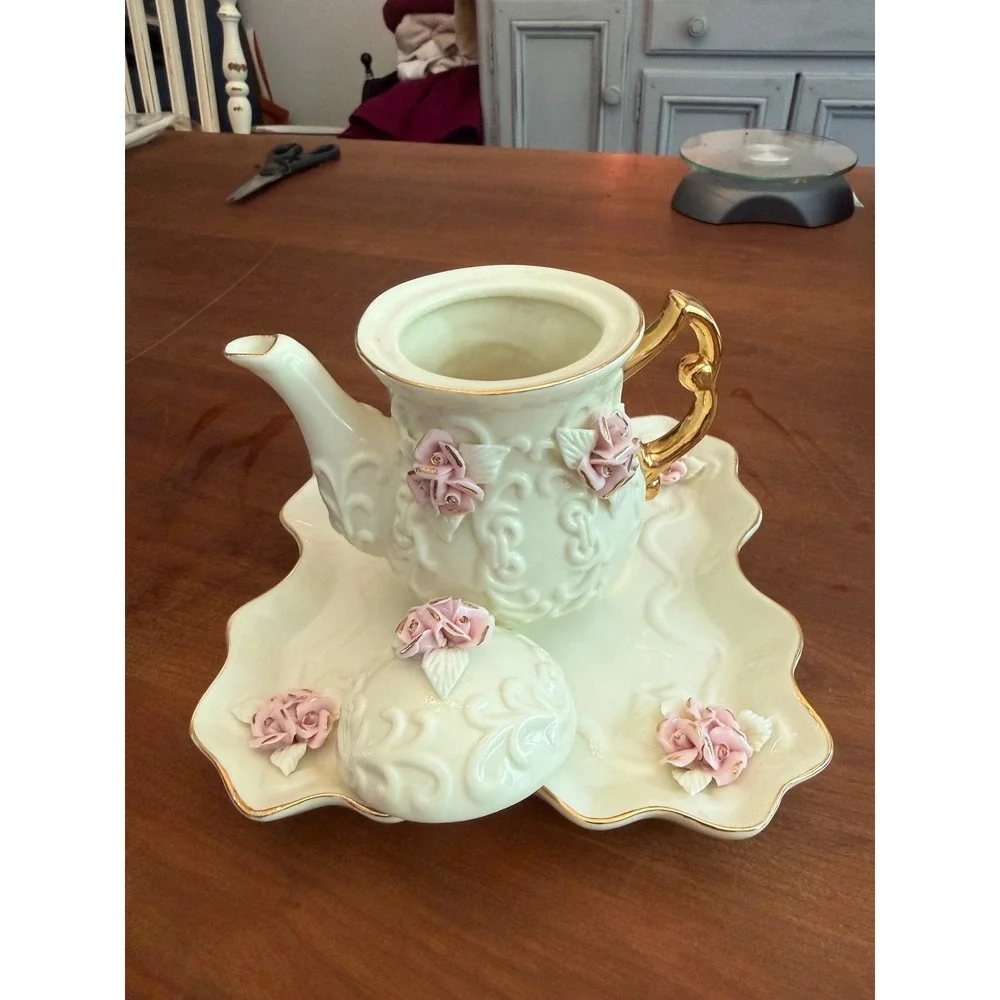 Vintage Porcelain Tea Set Pink 3D Roses Gold Trim Teapot Creamer Sugar Tray